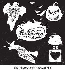 Hand drawn Halloween design elements. Halloween icon with calligraphy. Witch, bat, pumpkin, spider, ghost, shape. Hand drawn typography poster
