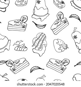 Hand drawn Halloween desserts seamless pattern with holiday elements. A vector illustration that works well for holiday projects and coloring pages.