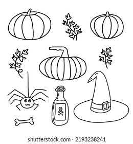 Hand Drawn Halloween Doodle Elements Set. Pumpkin, Spider, Potion Bottle, Witch Hat And Bone Sketch