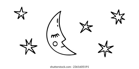 Hand drawn Halloween doodle moon and stars. Cute vector elements for Halloween design, prints, poster. Linear festive illustration. Black and white spooky elements. Trick or Treat concept