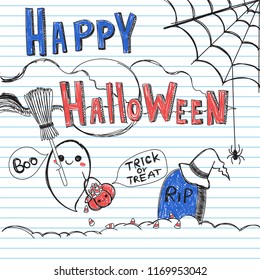 Hand drawn halloween doodle on paper background. Vector illustration.