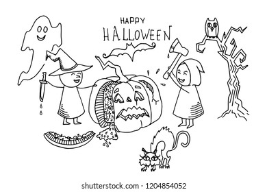 Hand drawn Halloween doodle set. Vector festive background.
