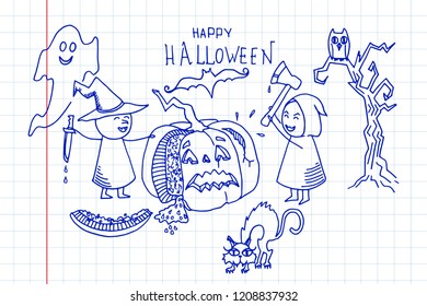 Hand drawn Halloween doodle set. Vector festive background on workbook.