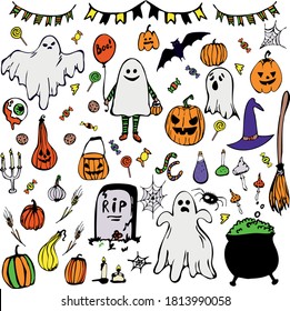 Hand drawn of Halloween doodle. Set of vector elements for Halloween. pumpkins, ghosts, house, fire, poison, witches broom,candy, nightmare,scull,boo 