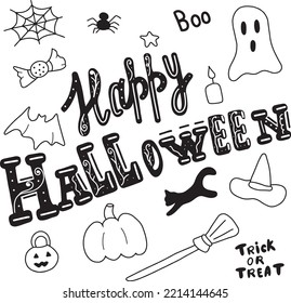 Hand drawn Halloween doodle set. Include custom Happy Halloween lettering and Halloween symbols such as pumpkin, ghost, black cat, etc.