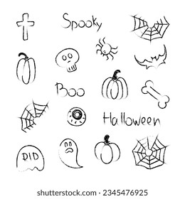 Hand drawn Halloween doodle symbols set. Scary pumpkins, skull, bone, ghost, eyeball, tombstone, grunge brush stroke style. Vector illustration isolated on white background