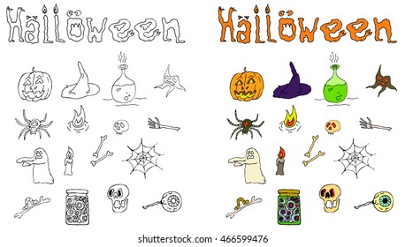 Hand Drawn Halloween doodles set in two variants: black and white and colored. 