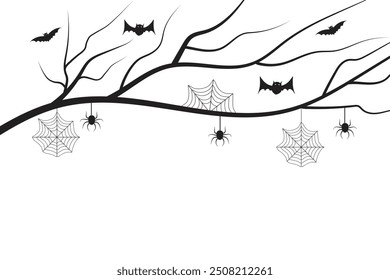 Hand drawn Halloween dry tree with stretched Bat Hanging on spiders web black and white isolated background, Winter Naked creepy old trees No leaves bare branch Scary Spider silhouettes 