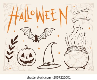 Colección de elementos Halloween dibujada a mano, Ilustración vectorial para banners, afiche, tarjeta de saludo, invitación a fiesta. vector aislado