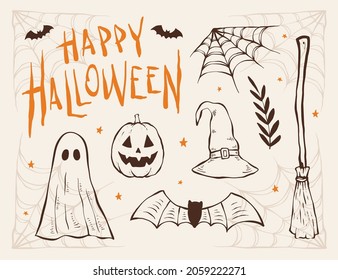 Hand drawn Halloween element collection, Vector illustration for banners, poster, greeting card, party invitation. isolated vector