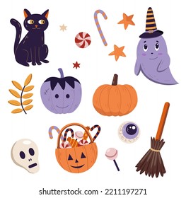 Hand drawn halloween elements. Children illustrations, colorful elements for party, invitations, cards, decorations. Cat, pumpkins, sweets