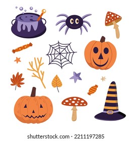 Hand drawn halloween elements. Children illustrations, colorful elements for party, invitations, cards, decorations. Mushrooms, pumpkins, spider web