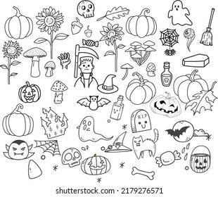 Hand drawn Halloween elements, doodle style illustration, pumpkin, spider web, cat, skull, isolated vector on white