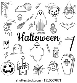 Hand drawn Halloween elements. Set for websites, banners, presentations, backgrounds, posters, blogs and social networks. Sketch. Vector illustration.