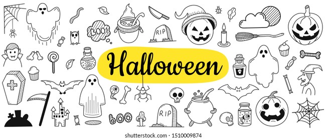 Hand drawn Halloween elements. Set for websites, banners, presentations, backgrounds, posters, blogs and social networks. Sketch. Vector illustration.