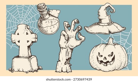 Handgezeichnete Halloween Elemente in Skizze geschnitzten Stil gesetzt. Retro vintage gravierte Elemente für saisonale Designs. Kollektion von Vektorgrafiken.