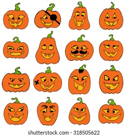 Hand drawn halloween emotional pumpkins set. Template for banner. Cartoon pumpkins. Vector