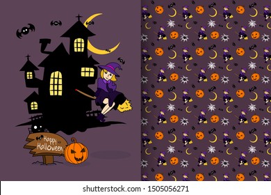 Hand drawn Halloween event gift card with repeating pattern vector image.