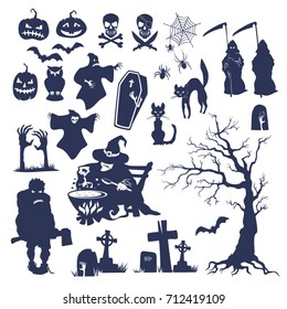 Hand drawn Halloween flat silhouettes set. Elements for your design works. Vector illustration.