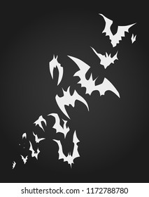 Hand drawn Halloween flying bats. Celebration greeting card design element symbol. Holiday vector illustration in white over black.