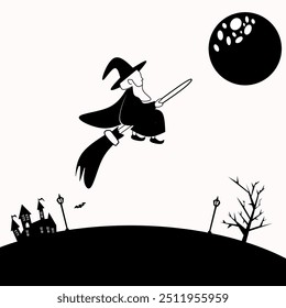 Hand drawn Halloween flying witch black and white vector design silhouette
