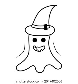 Hand Drawn Halloween Ghost In A Magic Hat Doodle Icon. Vector Sketch Illustration.