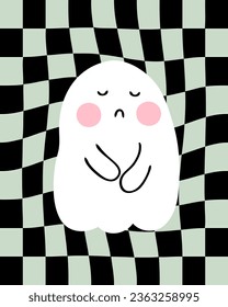 Hand dibujó fantasmas de Halloween en un contexto psicodélico distorsionado y a cuadros. Impresión perfecta para tee, afiche, tarjeta, pegatina. Ilustración vectorial Doodle para decoración y diseño.
