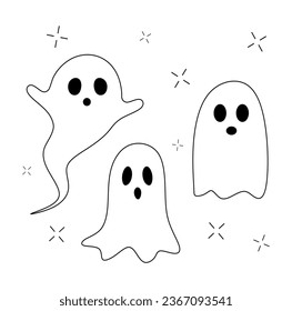 Hand drawn Halloween Ghost set. Ghost collection in doodle style isolated on white background. Sketch of flying phantoms. Halloween scary ghostly monsters. Spooky characters vector illustration