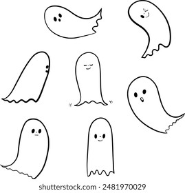 hand drawn Halloween Ghost Silhouette Set, Ghost Collection, White Background, Vector Illustration, Doodle Style, Line Illustrations.