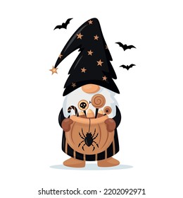 Handgezeichnete Halloween-Gnome mit Kürbiskorb voller Süßigkeiten und Bonbons. T-Shirt Design Vektor, Holidays Grußkarte. Für Flyer, Einladungen, Poster. Fröhliche Halloween-Vektorgrafik.