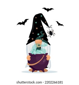 Hand drawn Halloween gnome witch with a cauldron with potion. T shirt design vector, Holidays greeting card. For flyers, invitations, posters. Happy Halloween Vector illustration.