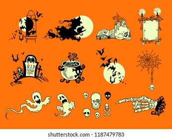 Hand drawn Halloween greeting card celebration design elements set. Holiday vector illustration. Skull, witch, ghosts, skeleton hand; bats, cauldron and graveyard.