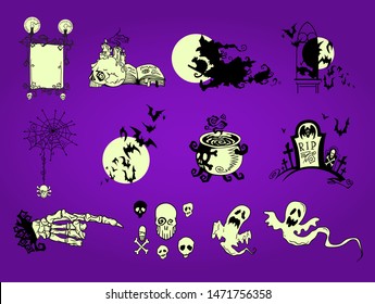 Hand drawn Halloween greeting card celebration design elements set. Holiday vector illustration. Skull, witch, ghosts, skeleton hand; bats, cauldron and graveyard.