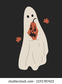 Hand drawn Halloween greeting card with cute ghost and scary pumpkins