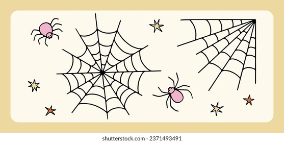 Hand drawn Halloween groovy cobwebs, spiders and stars. Cute flat vector set for Halloween design, prints, posters. Trendy cartoon illustration. Colored spooky festive elements in trendy style