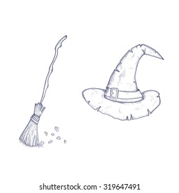Hand drawn halloween hat and a broom