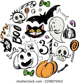 hand drawn halloween holiday vector symbols.ghosts,pumpkins,cats,candy canes,skulls and bones for holiday design and decoration.