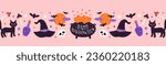 Hand drawn Halloween horizontal banner with hat, bats, witch cauldron, skull, poison, black cat. Cute vector holiday illustration. Pink background.