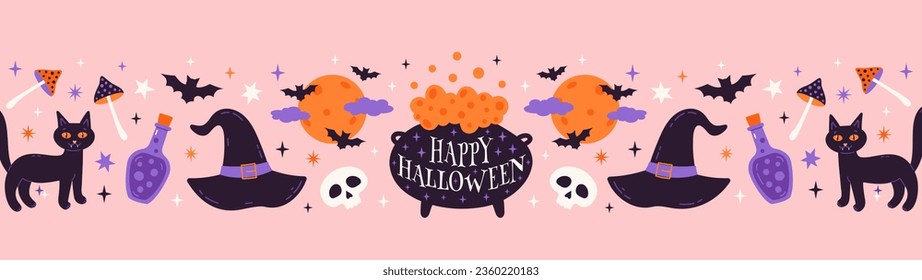 Hand drawn Halloween horizontal banner with hat, bats, witch cauldron, skull, poison, black cat. Cute vector holiday illustration. Pink background.