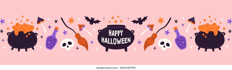 Hand drawn Halloween horizontal banner with bats, witch cauldron, skull, poison. Cute vector holiday illustration.