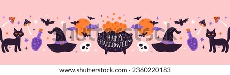 Hand drawn Halloween horizontal banner with hat, bats, witch cauldron, skull, poison, black cat. Cute vector holiday illustration. Pink background.