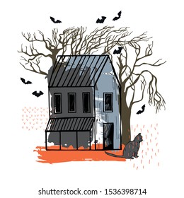  Hand drawn halloween house. Vector sketch illustration.