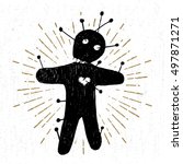 Hand drawn Halloween icon with a textured voodoo doll vector illustration.