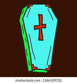 Hand drawn Halloween icon with a textured coffin vector illustration.