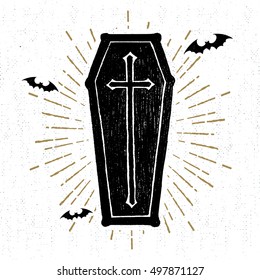 Hand drawn Halloween icon with a textured coffin vector illustration.