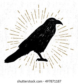 Hand drawn Halloween icon with a textured raven vector illustration.