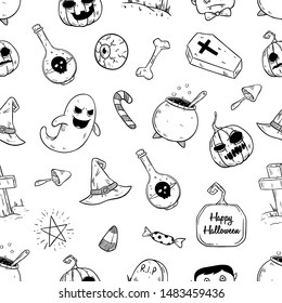 Hand Drawn Halloween Icons in Seamless Pattern With Doodle Style