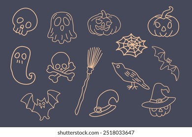 Hand drawn Halloween Icons Set with Skulls, Pumpkins, and Bats 