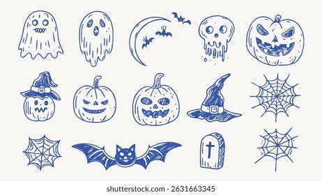 Hand drawn Halloween Icons Spooky Set of Vector Illustrations for Invitations Cards and Party Decorations