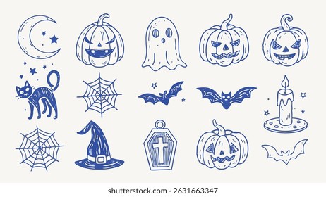 Hand drawn Halloween Icons Spooky Set of Vector Illustrations for Invitations Cards and Party Decorations